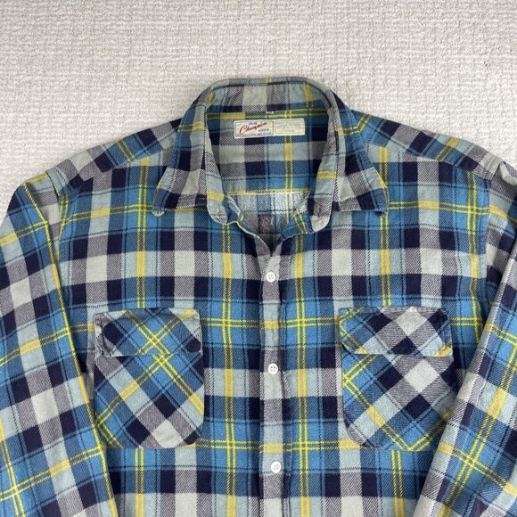 Vintage Champion Flannel Shirt Mens Sz 17.5 Blue Gray Plaid Cotton Button Up - Picture 2 of 16